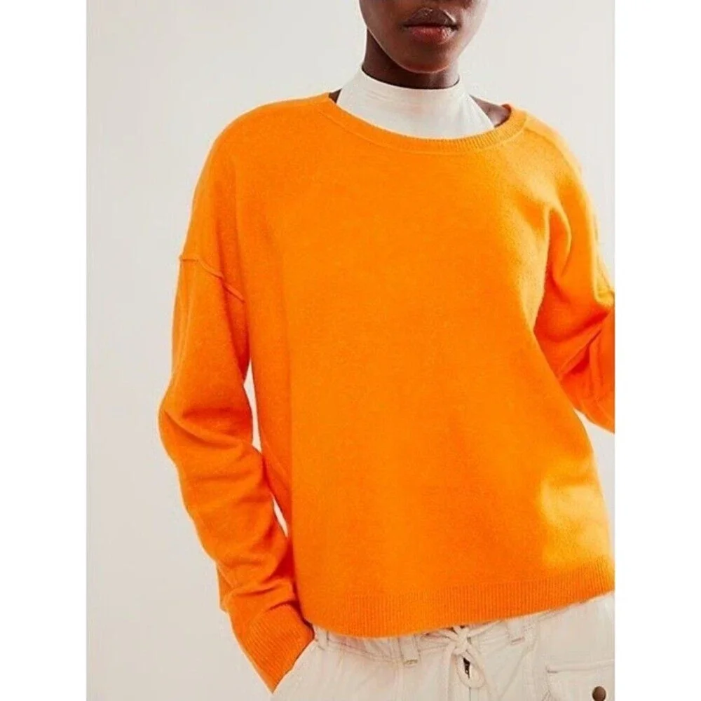 FREE PEOPLE Women’s Luna Pullover Crewneck Sweater Marigold Orange Sz L NWT D30‎